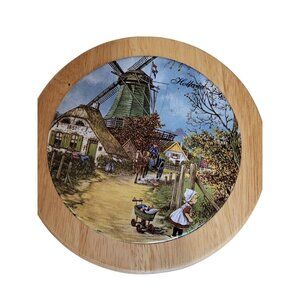 Vtg Holland Ter Steege tile trivet wall plaque Dutch Windmill round